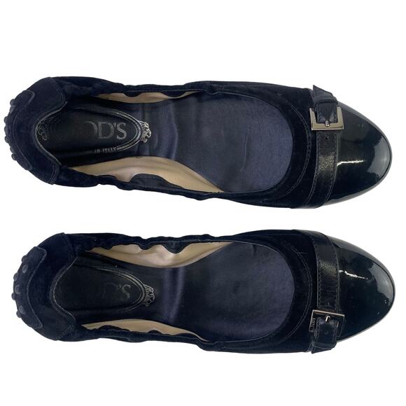 Tods Women Black Suede Ballet Flats Patent Leather Cap Toe Buckle Detail Sz 36.5 - Picture 13 of 13
